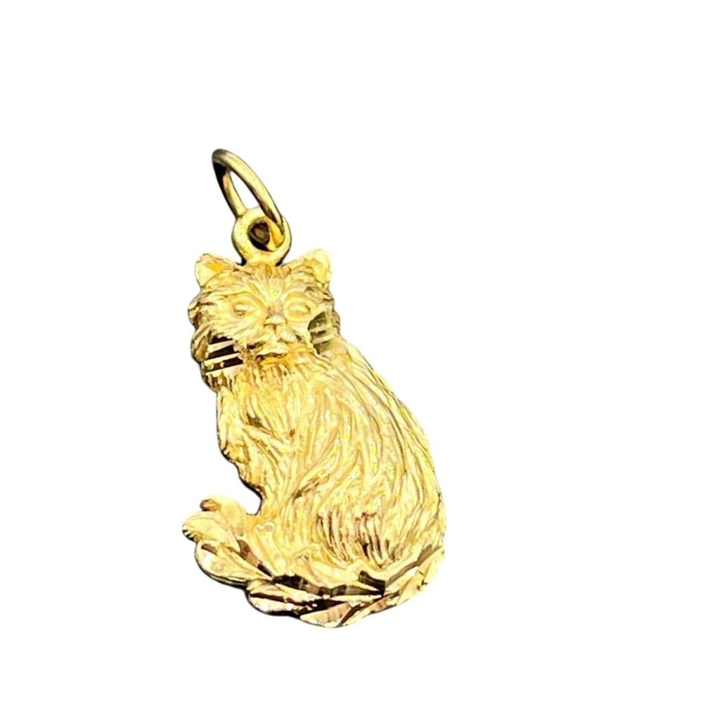 14k Yellow Gold Long Hair Domestic Cat Feline Pet Animal Lover Whimsical Pendant